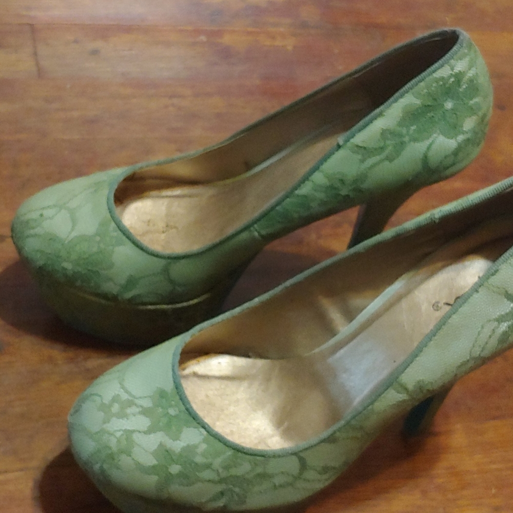 Mint green lace platform heels